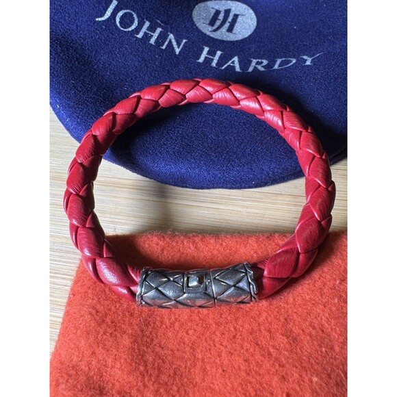 John Hardy 925 Sterling Silver Clasp Red Braided Leather Bracelet (M) - Picture 1 of 7